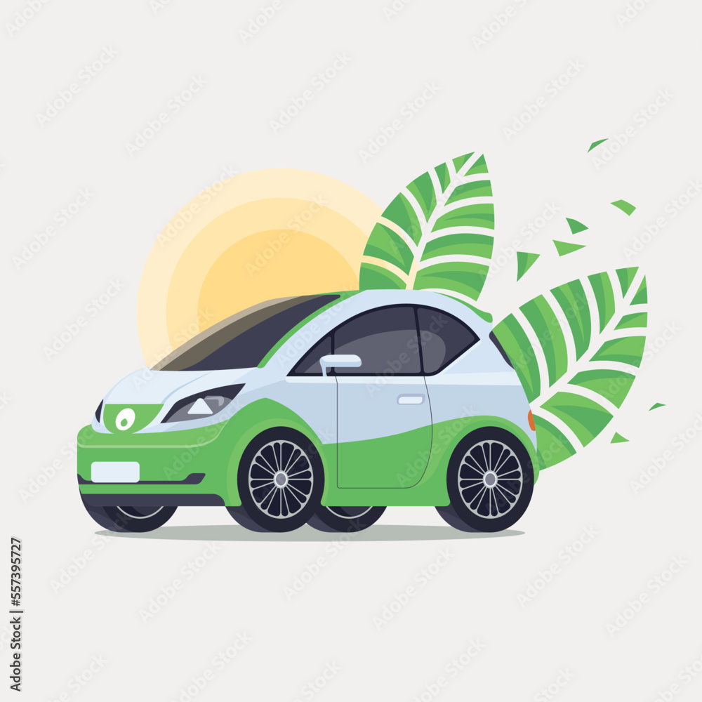 Eco-friendly electric car with green leaf. Eco car vector illustration. Green auto icon. Ecology and environment protection concept Eco-friendly electric car with green leaf. Eco car vector illustration. Green auto icon. Ecology and environment protection concept