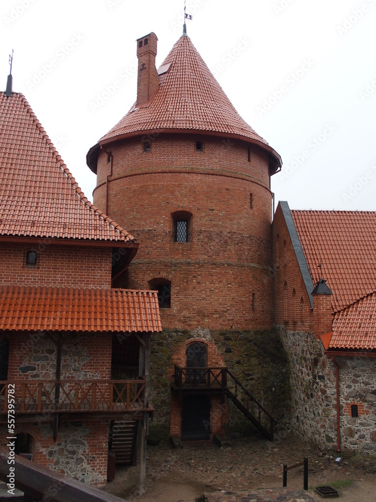 One of the round towers of Trakai moated castle, Lithuania