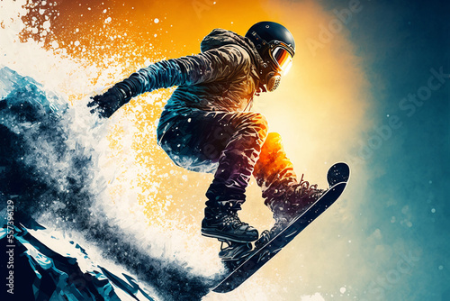 Snowboard Descent: snowboarder descending down a mountain