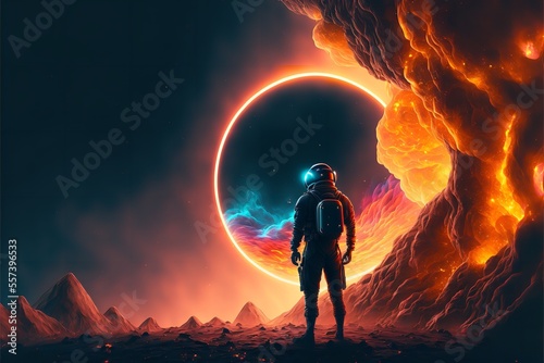 Future sci-fi landscape with a Astronaut standing infront of a black hole in the planet's sky, neon lights, and a digital illustration.