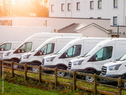 Fotografie, Obraz Row of white commercial vans in a dealership for sale or rent