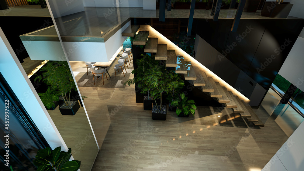 Fototapeta premium 3d rendering of modern cozy interior with living,dining zone stair and kitchen for sale or rent with wood plank by the sea in night. Warm interior lighting combined with cold light from night street