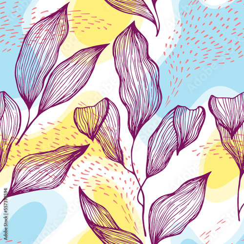 Sketch style doodle line texture leaves over stains and dots seamless vector ...