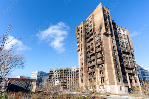 destroyed and burned houses in the city Russia Ukraine war