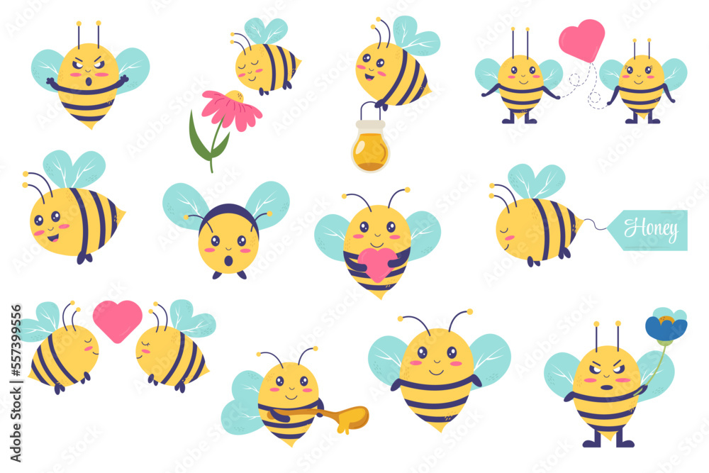 Naklejka premium Collection of bees kawaii character. Bee with honey, flowers, angry bee