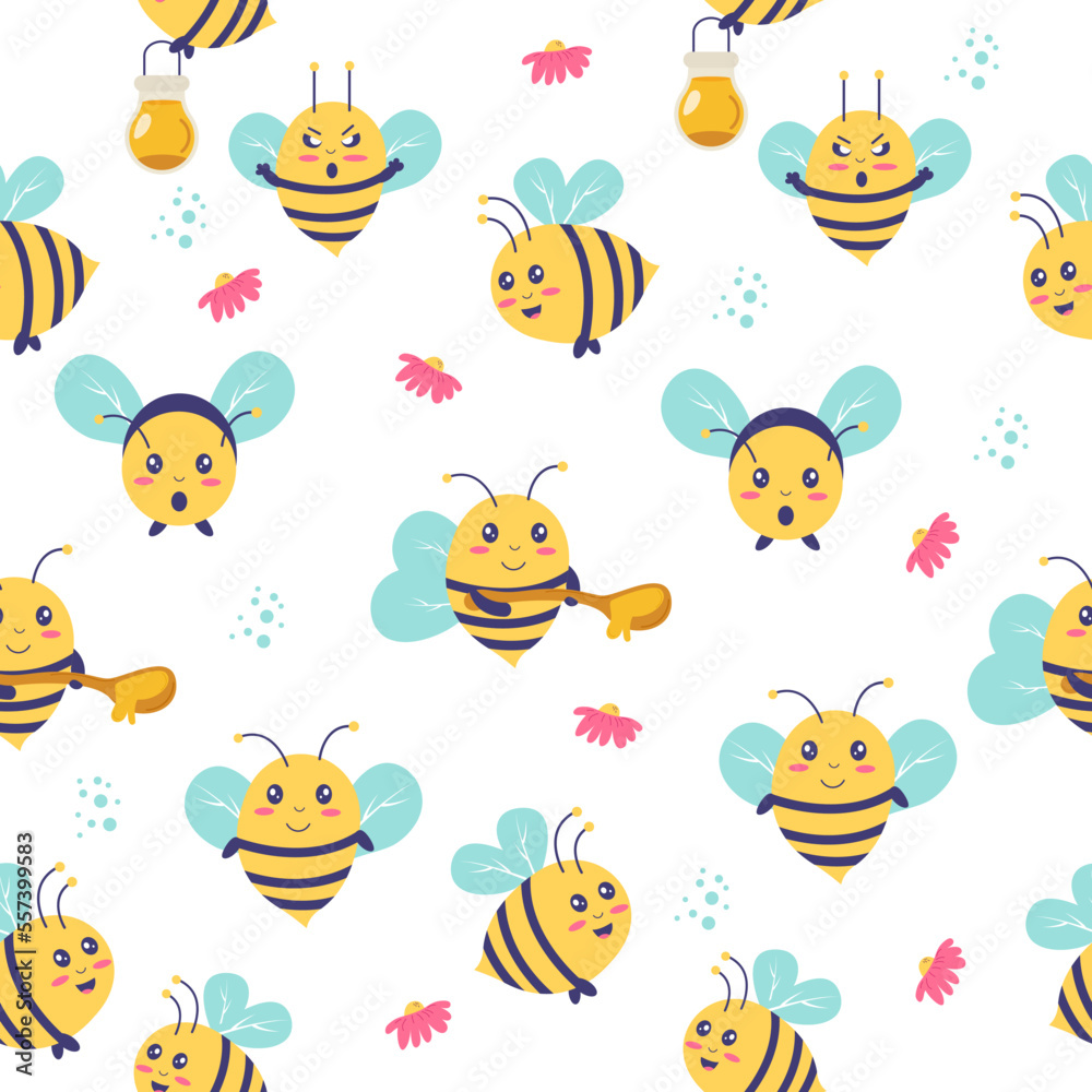 Fototapeta premium Seamless pattern of bees on white background. Vector