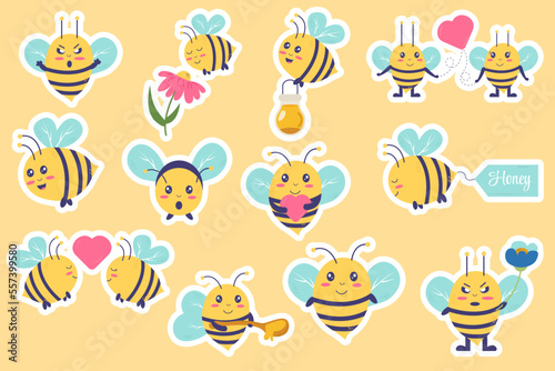 Collection of bee stickers kawaii character. Bee with honey, flowers, angry bee