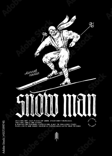 Vintage skier. Snowman winter sports distressed vintage typography silkscreen t-shirt print vector illustration.