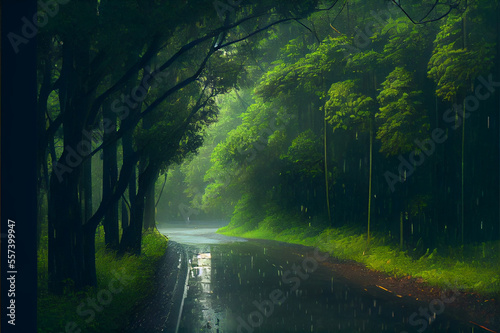 Rainy wheather in forest, created with Generative AI technology.