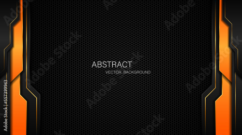 Abstract black and orange polygon with golden lines on dark steel mesh background with free space for design. modern technology innovation concept background
