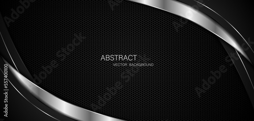Abstract black and silver curves with silver lines on dark steel mesh background. with free space for design. modern technology innovation concept background	