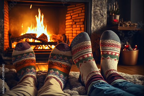 Feet in woollen socks of couple resting by the Christmas fireplace. Christmas holidays concept created with Generative AI technology.
