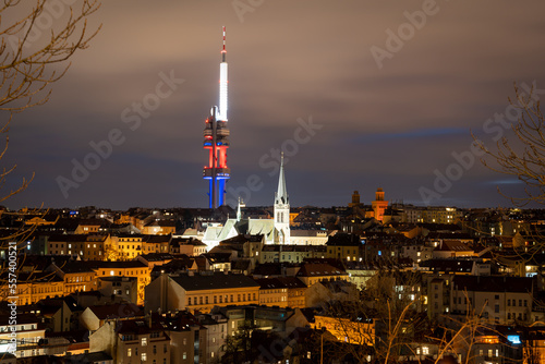 Skyline of Prague Zizkov district at night  view of the Church of Saint Procopius and The Zizkov Television Tower