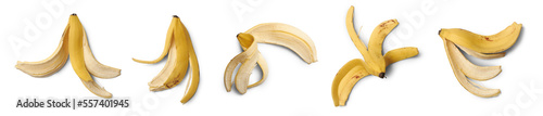 Valokuva set of banana peels isolated, food waste or kitchen scrape management concept, c