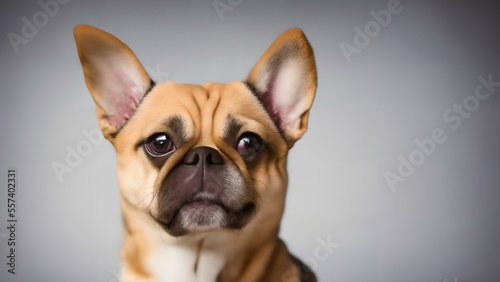 A cute, smiling French Bulldog dog in studio lighting with a colorful background. Sharp and in focus. Ideal for adding a friendly touch to any project.