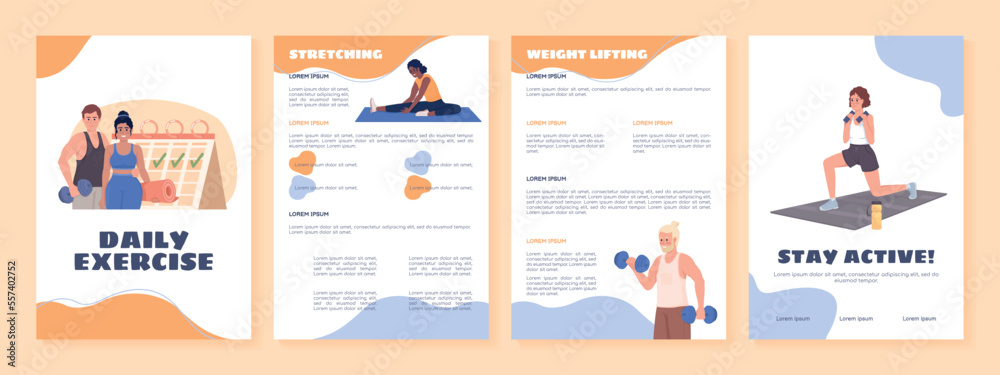 Daily exercise flat vector brochure template. Booklet, leaflet printable flat color designs. Editable magazine page, reports kit with text space. Sigmar One, Balsamiq Sans, Comfortaa fonts used