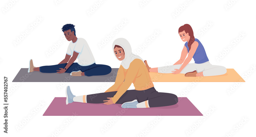 Workout in sport club semi flat color vector character. Editable figure. Full body people on white. Stretching exercises simple cartoon style illustration for web graphic design and animation