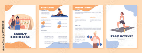 Daily exercise flat vector brochure template. Booklet, leaflet printable flat color designs. Editable magazine page, reports kit with text space. Sigmar One, Balsamiq Sans, Comfortaa fonts used