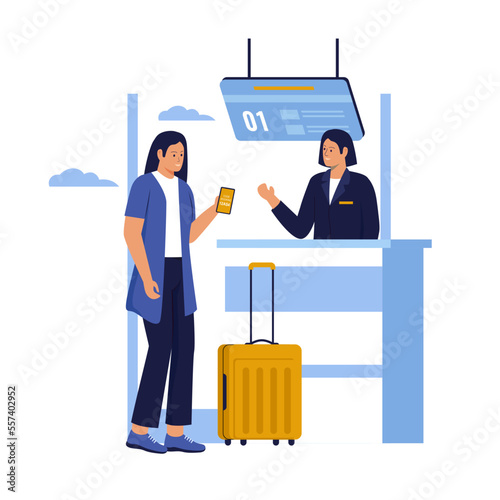 Registration in airport terminal passengers illustration concept. Illustration for website, landing page, mobile app, poster and banner. Trendy flat vector illustration