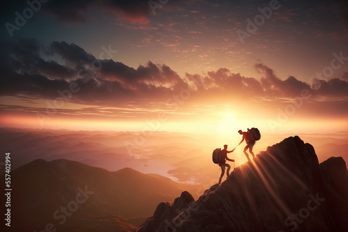 Getting a helping hand with two people healping each other to climb on mountain top, Generative AI illustration © IBEX.Media