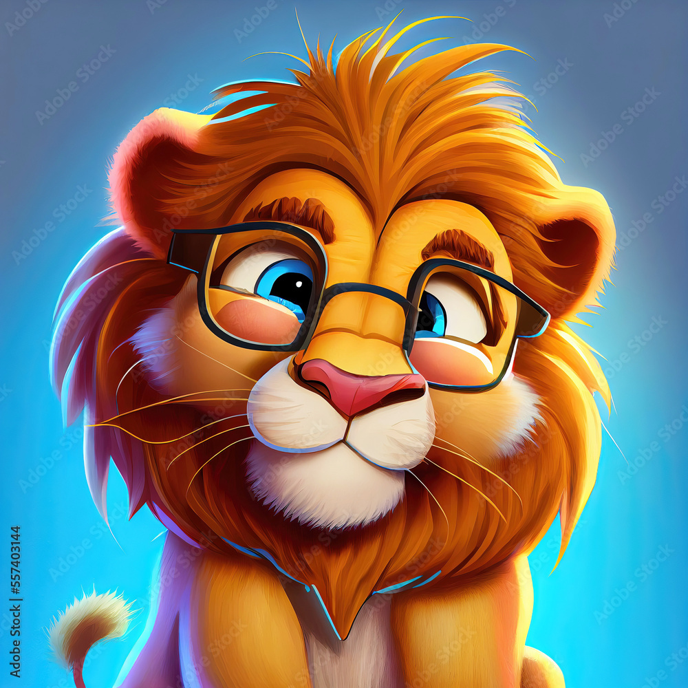 Cute lion with glasses as smart student as cartoon character ...