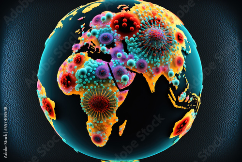 Coronavirus pandemic concept, with infection spreading all over the Earth , GEnerative AI illustration