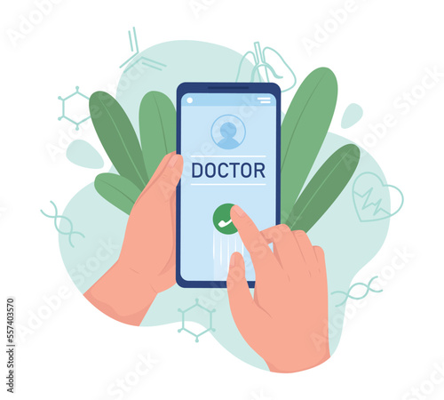 Telephone doctor flat concept vector illustration. Calling therapist. Editable 2D cartoon objects on white for web design. Creative idea for website, mobile, presentation. Bahnschrift font used