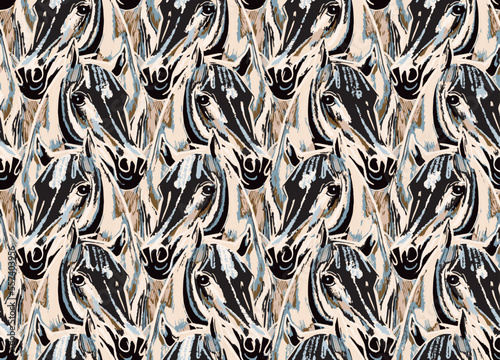 Abstract Brush Strokes Hand Drawing Pop Art Retro Horses Seamless Vector Pattern Tile Background