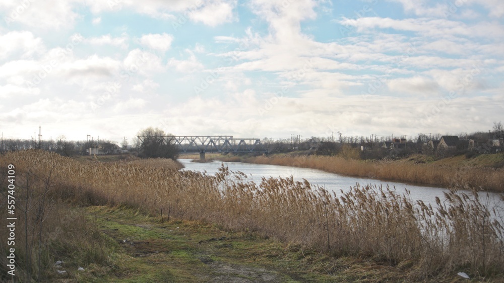 A landscape of a river, a railway bridge, bulrushes, clouds