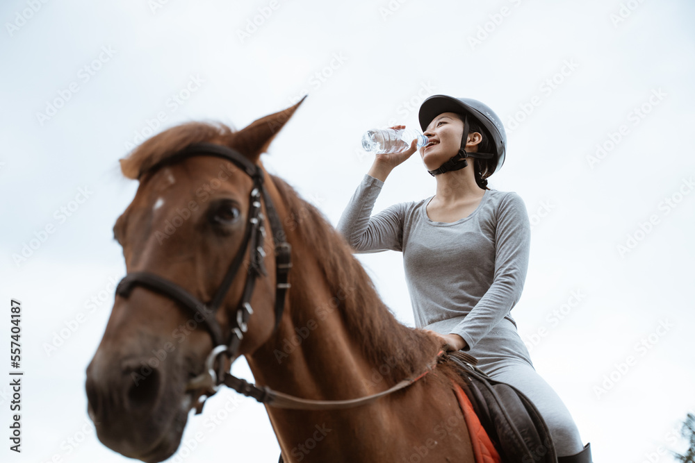 Equestrian athlete on horse while drinking with bottle on white sky background Equestrian athlete on horse while drinking with bottle on white sky background