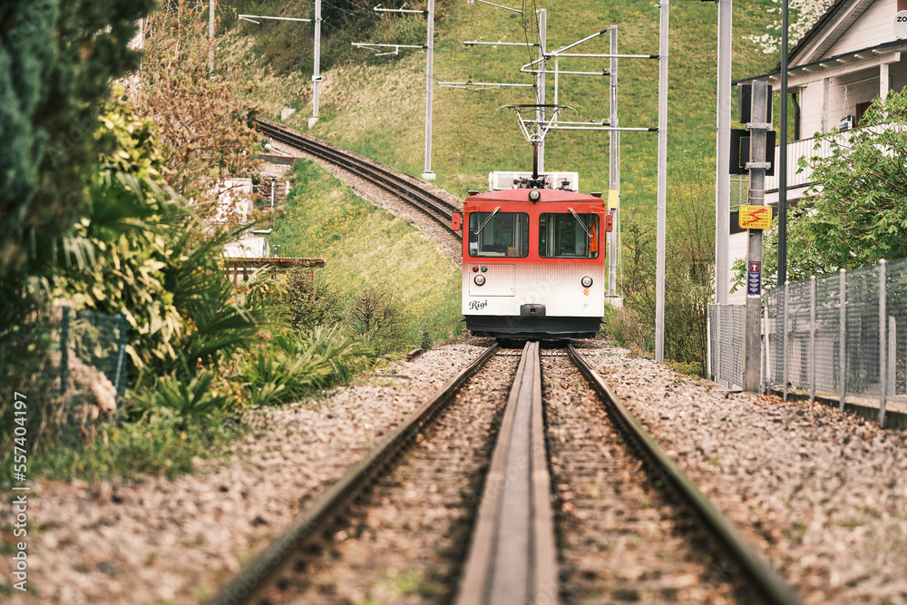 Naklejka premium Treno bianco e rosso per il monte Rigi in Svizzera