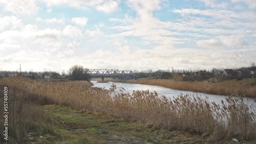 A landscape of a river, a railway bridge, bulrushes, clouds
