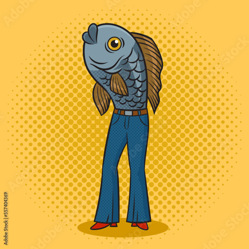 fish mermaid with legs in jeans pinup pop art retro vector illustration. Comic book style imitation.