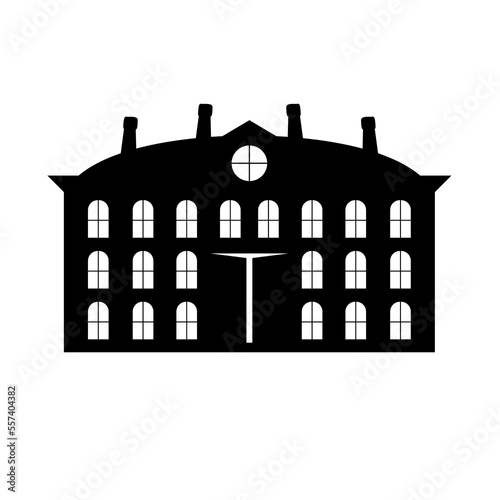 A silhouette of a mansion, a luxurious residence with grand architecture, set against a white background. Symbolizes wealth and opulence. Black and white illustration of a building.