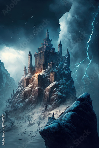 Fantasy Medieval Castle in Snowy Mountains, Concept Art, Digital Illustration