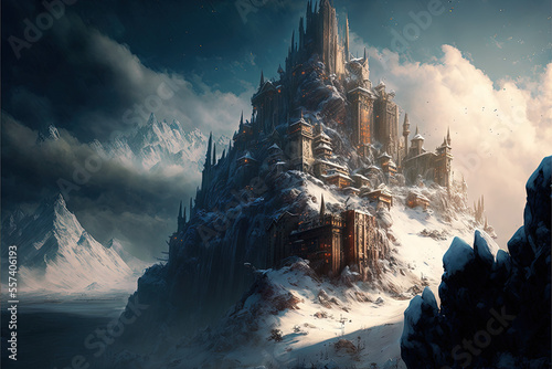 Fantasy Medieval Castle in Snowy Mountains, Concept Art, Digital Illustration, Generative AI