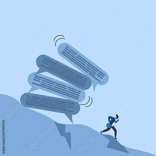 Overcommunication concept, frustrated businessman running away from pile of collapsing online speech bubbles, too many messages or spam, inefficient discussion or meeting concept.