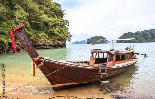 Long tail boat on the beautiful beach and beauty blue sky , Hong Island , Krabi, Thailand