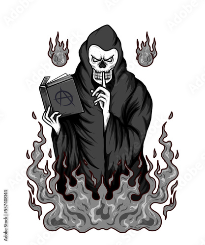 illustration design of angel of death carrying book and fire