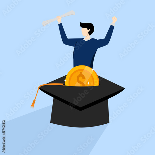 young man with money coins into mortarboard saving box holding degree scroll, Education fund for college, study fee or training cost concept, savings for school or university tuition fee.