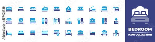 Bedroom icon collection. Duotone color. Vector illustration. Containing double bed, bed, bedroom, ironing, shelter, sleep, hotel bed, bedding, single bed, slippers, babies, hotel, and more.
