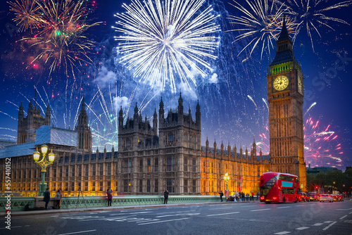 Photography New years fireworks display over the Big Ben and Westminster Bridge in London, U