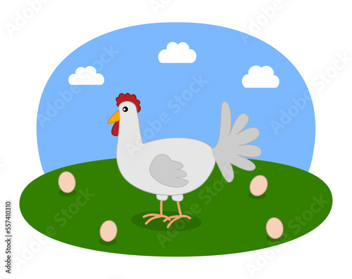 Illustration of a white hen and eggs with green meadow and blue sky