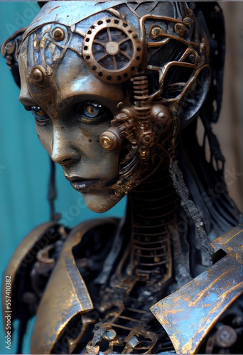 Generative AI illustration of a metal head on a wall, a surrealist sculpture, neo-figurative, a portrait of an android, covered in circuitry, brass semi - mechanical woman, weathered, cyborg eyes photo