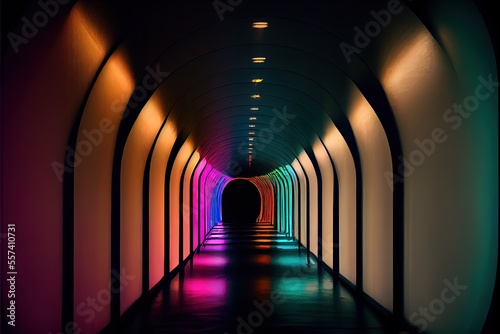 Generative AI illustration of Multicolored neon lamps in a dark tunnel. Reflections on the walls. Digitally generated image