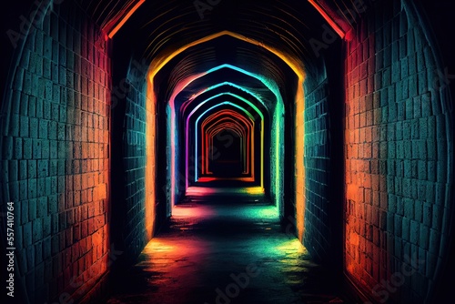 Generative AI illustration of Multicolored neon lamps in a dark tunnel. Reflections on the walls. Digitally generated image