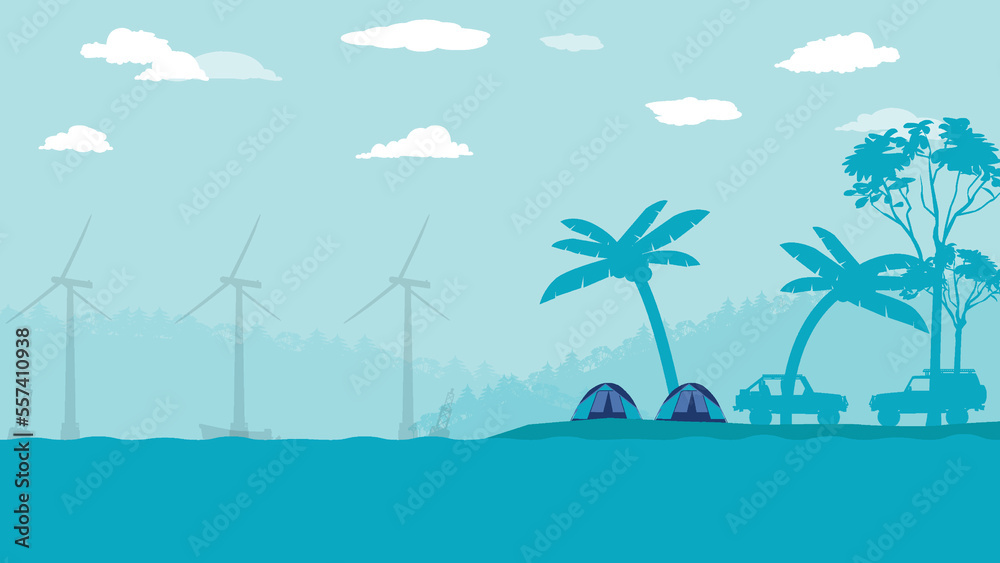 flat cartoon side view of off road vehicle car camping with sea ocean beach view
