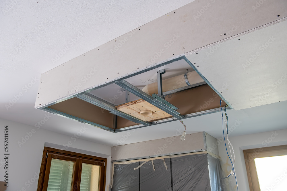 Finishing works in a new house. Suspended Ceilings. Drywall ceiling preparation for led lighting