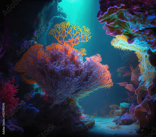 Underwater world, corals in the depths of the ocean. Sea flowers, underwater deep flora and fauna. Colorful neon corals. Digital art painting