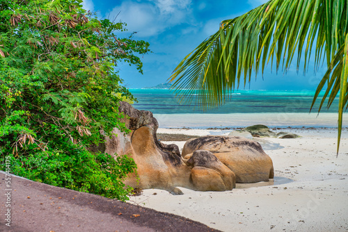 Tropical Paradise beach. Beautiful shoreline of Seychelles Islands